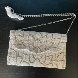 Badgley Mischka Cream Clutch with Geometric Pattern and Silver Chain